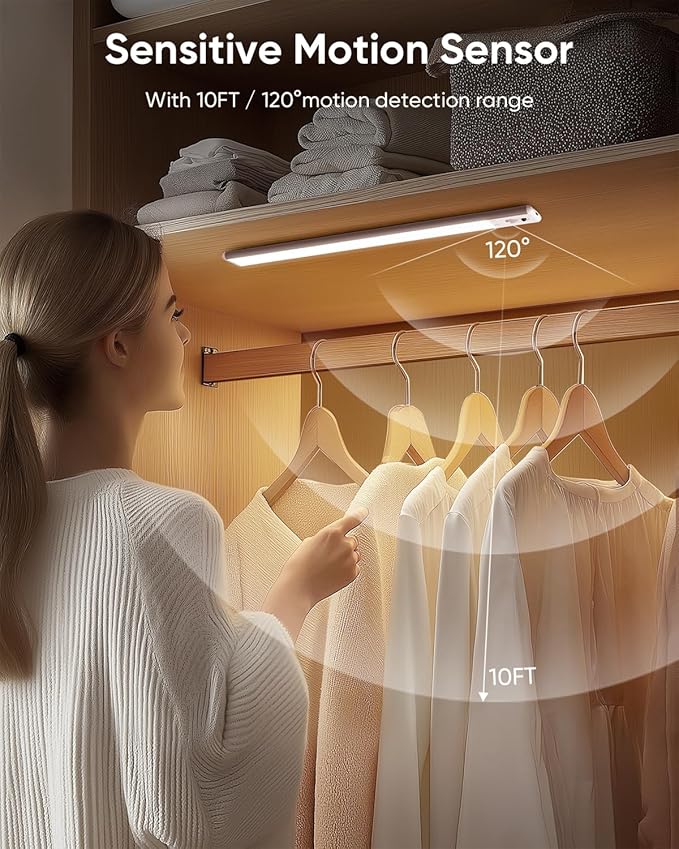 Under Cabinet Lighting Wireless, Rechargeable LED Motion Sensor Light Indoor, Closet Lights with Remote, Timer, 3 Color Temps & Dimmable Magnetic Under Counter Lights for Kitchen, Stairs, 4 Pack