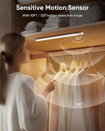 Under Cabinet Lighting Wireless, Rechargeable LED Motion Sensor Light Indoor, Closet Lights with Remote, Timer, 3 Color Temps & Dimmable Magnetic Under Counter Lights for Kitchen, Stairs, 4 Pack