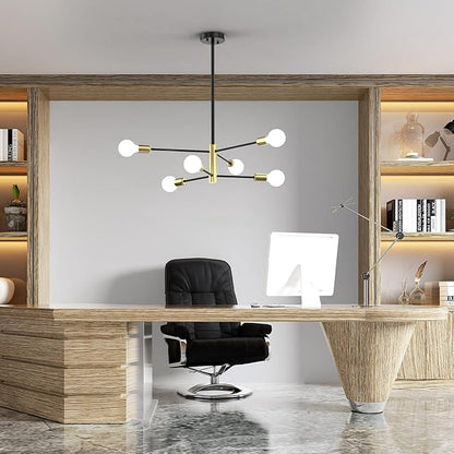 Modern Sputnik Chandeliers for Dining Room, Height Adjustable Semi Flush Black and Gold Chandelier Ceiling Mount Light Fixture 6-Light Mid Century for Living Room, Kitchen Island, Bedroom