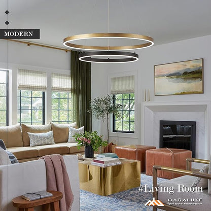 2 Ring LED Chandelier Black Gold Chandelier for Dining Room 24in Dimmable Circular Chandeliers Light Round Chandeliers for Bedroom Kitchen Entryway Living Room
