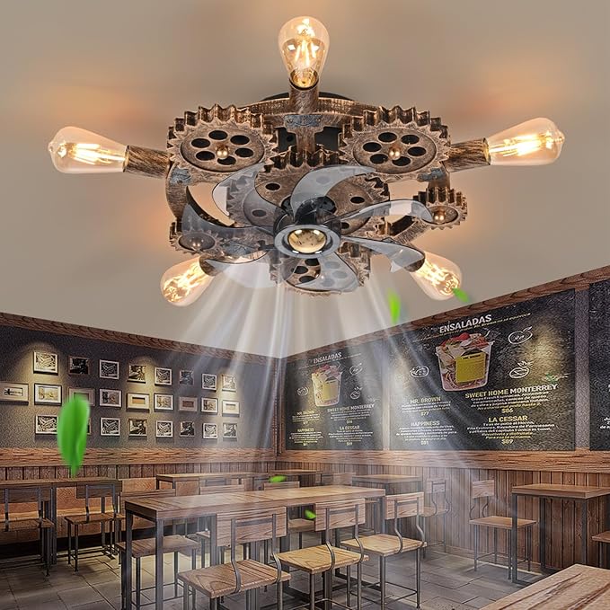 20" Retro Industrial Steampunk Ceiling Fans with Lights and Remote,Low Profile Flush Mount Bladeless Ceiling Fan with Light,Nautical Style 6 Speeds for Bedroom Kitchen Island Bar Cafe