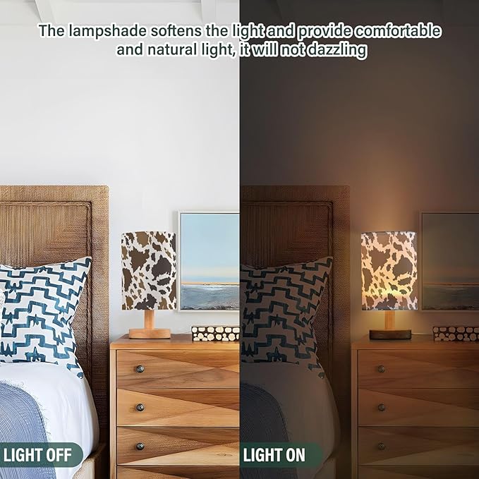 Bedside Table Lamp Cow Print Nightstand Lamp with Wood Brown Animals Skin Desk Lamps for Bedroom Living Room Nursery Office Home Decor