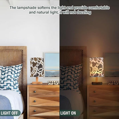 Bedside Table Lamp Cow Print Nightstand Lamp with Wood Brown Animals Skin Desk Lamps for Bedroom Living Room Nursery Office Home Decor