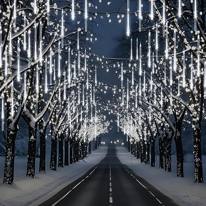 Adecorty Christmas Lights Outdoor, Meteor Shower Light 8 Tubes 192LED UL Certified Snow Falling Rain Cascading Icicle Lights for Xmas Tree Christmas Decorations Outdoor Wedding Party Window, White