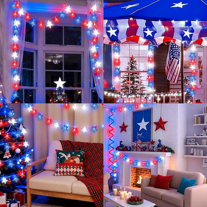 LAMPHOME Red White Blue Star LED String Lights, 16ft 50 LED Star Fairy Lights with Clear Wire, 3AA Waterproof 8 Modes & Remote, Decorative Lights for 4th of July Patriotic Christmas Easter Tree Party