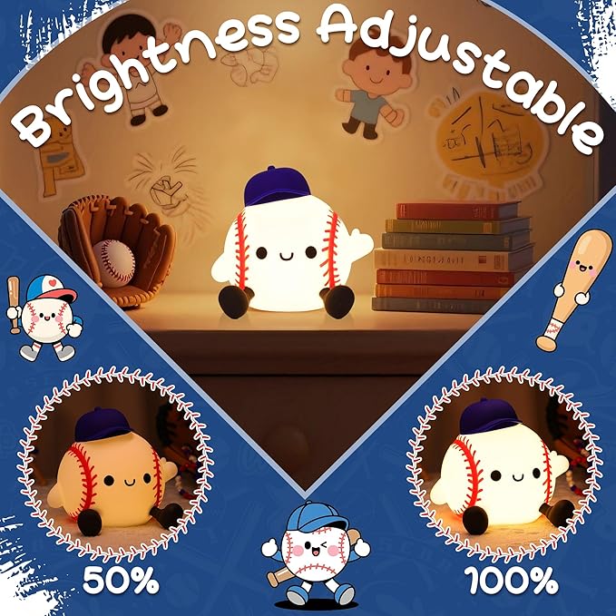Baseball Night Light, Sports Baseballs Gifts for Baseball Fan, Soft Silicone Rechargeable LED Touch Lamp, Nursery Bedroom Bedside Decor for Boys Baby Kids Teen Sport Lover Xmas Birthday Gifts
