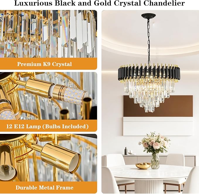 24" Black and Gold Crystal Chandelier Contemporary Large Crystals Chandeliers 5-Tier K9 Crystal Pendant Lamp 8-Light for Dinning Room Living Room Entryway Staircase