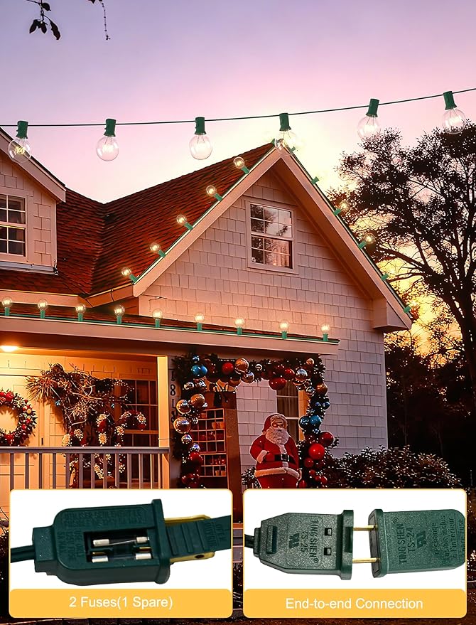 SUNSGNE 25Ft Christmas Round Lights, G40 Globe String Light with 27 Clear Bulbs, UL Certified for Outdoor Indoor Garden Party Wedding Pergola Backyard Patio Xmas Decoration, Green Wire