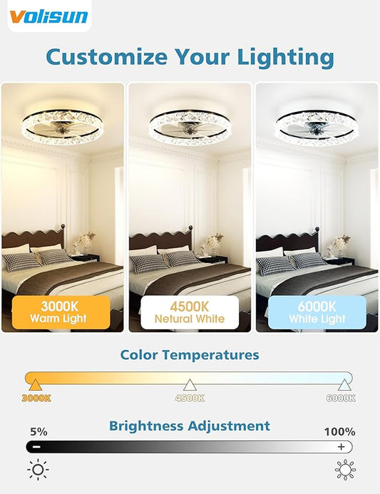 VOLISUN Low Profile Ceiling Fan with Lights and Remote, 20in Modern Ceiling Fans Flush Mount, 3000K-6500K Dimmable Bladeless LED Fan Light, Black Fandelier Ceiling Fans with Lights for Bedroom