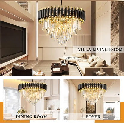 24" Black and Gold Crystal Chandelier Contemporary Large Crystals Chandeliers 5-Tier K9 Crystal Pendant Lamp 8-Light for Dinning Room Living Room Entryway Staircase