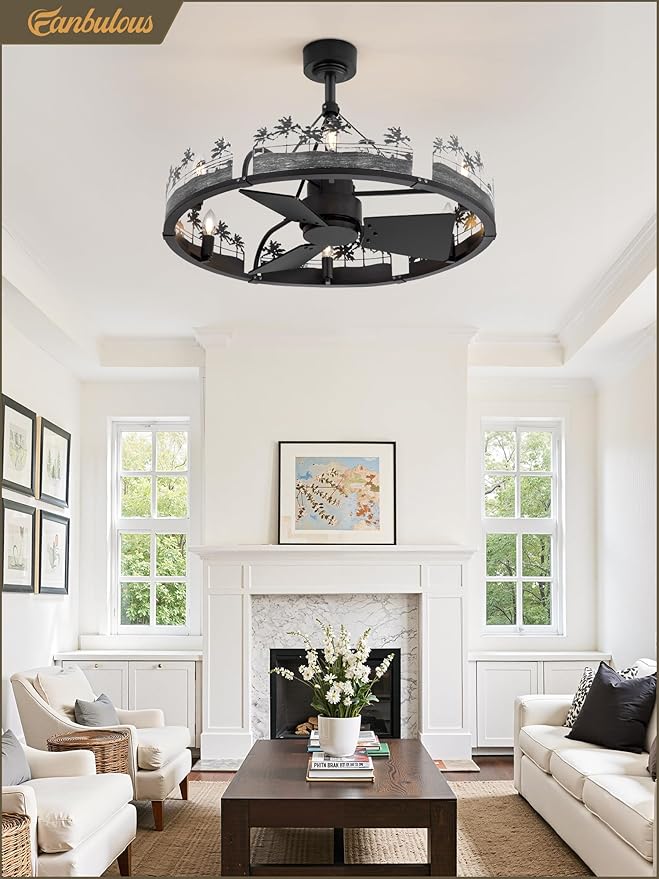 Fanbulous 30 Inch Farmhouse Rustic Ceiling Fan with Light and Remote, Black Chandelier Fan with Bear and Deer Design,Summer Sand Beach Design,Rustic Chandeliers for Living Room, Bedroom