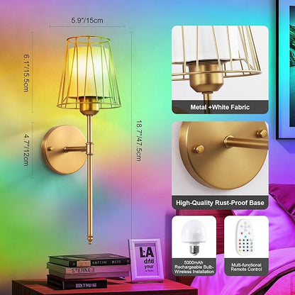 VbiTmn Wall Sconces Set of Two, Gold Wall Sconces Battery Operated, Rechargeable Wireless Wall Lights with Remote, 15 Colors Dimmable 3000K-6000K, Brass Wall Lamps for Bedroom Living Room