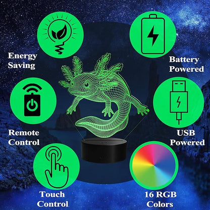 Axolotl Night Light, Axolotl Gifts, 3D Illusion Lamp with Remote Control, 16 RGB Colors, 4 Flashing Modes, Timer, Dimmable, Axolotl Toys Stuff for Decor for Holiday Birthday Christmas