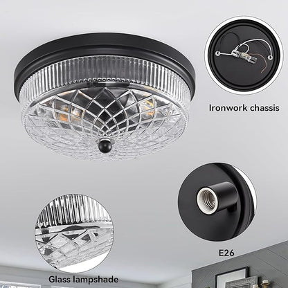 Semi Flush Mount Ceiling Light with Clear Glass Shades,3-Lights Industrial Semi Flush Mount Ceiling Light, 3-Light Industrial Black Light Fixtures Ceiling Mount for Kitchen Living Room Foyer