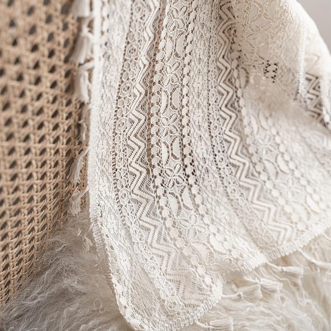 Sutuo Home Crochet Boho Curtain 84 Inches Length, Sheer Lace Handmade Tassels Knitted Window Treatment Vintage Rustic Bohemian Farmhouse Drape for Bedroom Rod Pocket 1 Panel 59" W x 84" L, Beige Wave