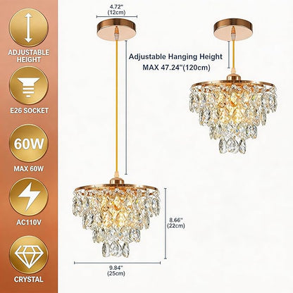 Mini Crystal Chandelier Small Modern Crystal Flush Mount Ceiling Light for Hallway Closet, E26 Base, K9 Crystal (Gold-Pendant)