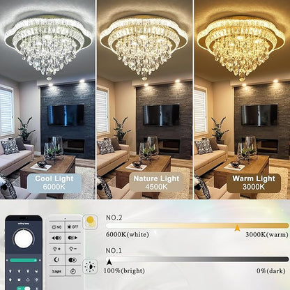 24" Gold Crystal LED Ceiling Light with Remote Control,Flush Mount Chandelier with 3-Color Dimmable for Living Room Bedroom Dining Room Hallway - Modern Flower Design