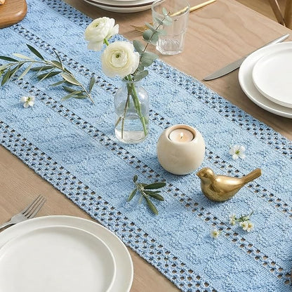 Artoid Mode Sky Blue Farmhouse Woven Rustic Hollow Table Runner, Seasonal Holiday Hollow Kitchen Dining Table Decoration for Home Party Decor 12x90 Inch