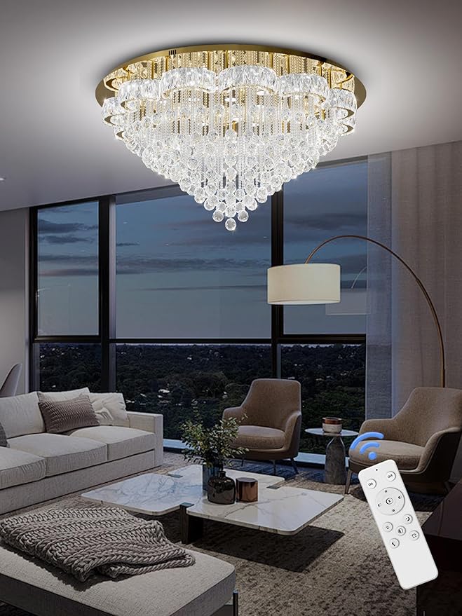 Flashing God 48inches Gold Crystal Chanderliers for Living Room Entryway Modern Crystal Folwer Ceiling Light for Foyer Interior LED Dimmable Lighting 2700k 4500k 6000k