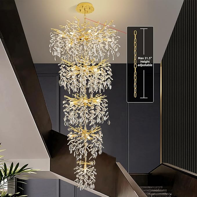 Modern Tree Branch Crystal Chandelier 102" Gold Luxury Large Pendant Lighting 28-Light Contemporary K9 Crystal Chandeliers for Dining Room Kitchen Living Room Foyer Entryway (Gold, H102"-Round)