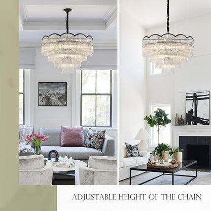 31.5" Black Clear Glass Crystal Chandelier 18-Light Modern Crystal Pendant Ceiling Light Fixture 4-Tier Luxury Glass Chandeliers,for Dining Room Kitchen Island Living Room Bedroom