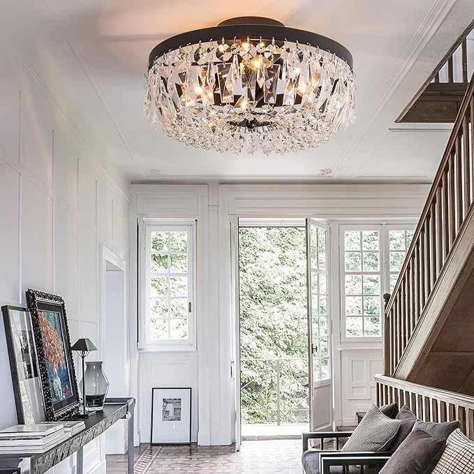 KSRYSZCQ Black Crystal Ceiling Light, 15''Modern Semi Flush Mount Ceiling Light Fiture 4-Light Crystal Chandelier with E12 Bulb for Dining Room, Kitchen Island, Bedroom Hallway