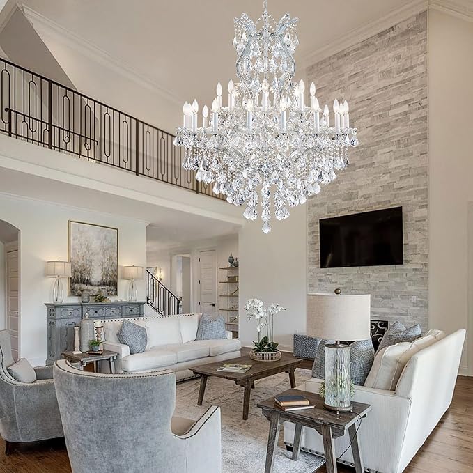 Large Crystal Chandeliers Light Fixture - 24 Lights High Ceiling Hanging Chandelier 2 Layers Maria Theresa Crystal Light Luxury Chandelier for Entryway, Staircase,Living Dining Room