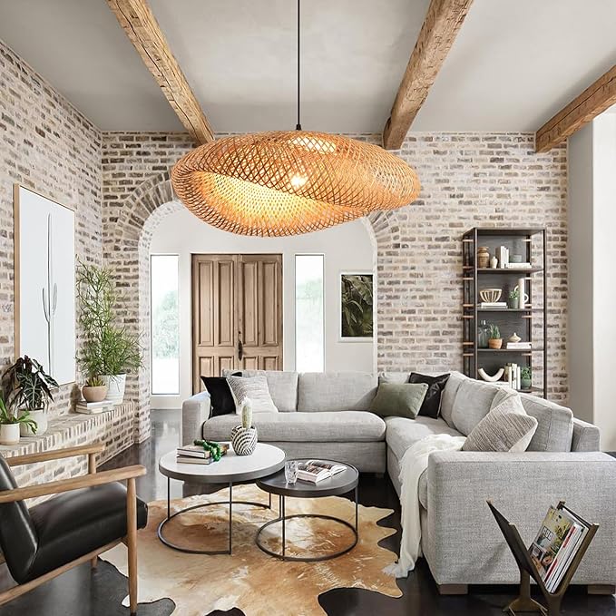 23.64in Bamboo Chandelier Boho Rattan Pendant Lighting Large Wicker Light Fixtures Bohemian Hand-Woven Hanging Ceiling Lights for Kitchen Island Dining Living Room Restaurants Bedroom Cafe