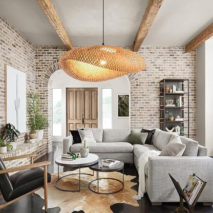 23.64in Bamboo Chandelier Boho Rattan Pendant Lighting Large Wicker Light Fixtures Bohemian Hand-Woven Hanging Ceiling Lights for Kitchen Island Dining Living Room Restaurants Bedroom Cafe