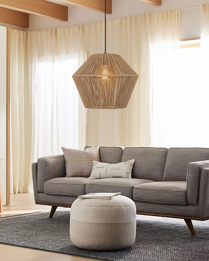 ELYONA 17” Woven Pendant Light, Modern Boho Chandelier Handwoven Rattan Basket Shade, Rustic Pendant Light Fixtures Farmhouse Ceiling Hanging Lamp for Dining Room, Kitchen Bedroom, Entryway, Foyer