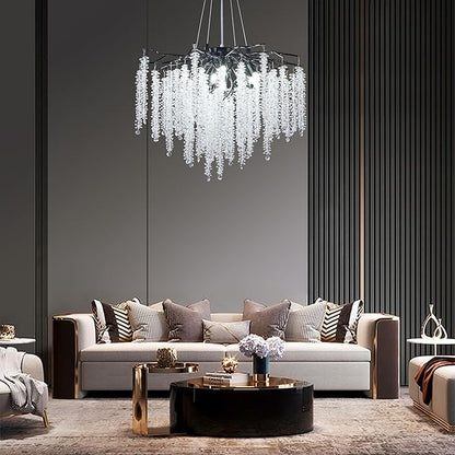 Crystal Tree Branches Chandeliers Luxury Round Raindrop Pendant Light Fixture 8 Light Ceiling Hanging Light for Dining Room Bedroom Living Room Entryway 23.7" Black