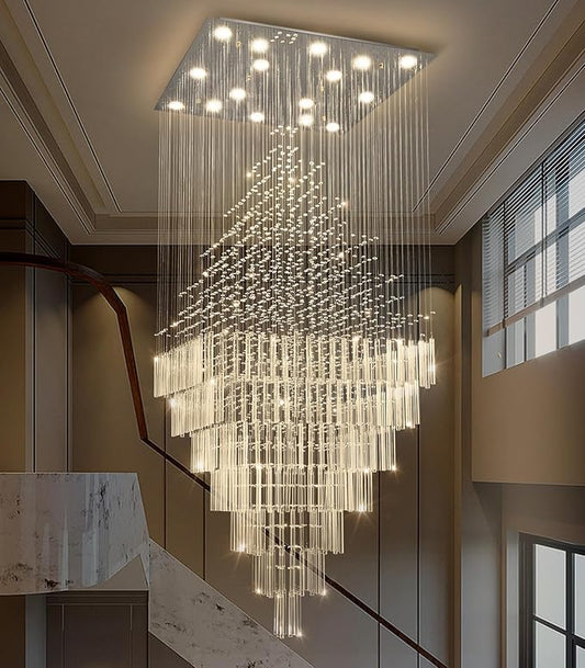 HAIXIANG W40 x H120 Glam Chandelier with LED Bulbs Square Chandeliers, Crystal Raindrop High Ceiling Pendant Light for Entrance Large Villa Chandelier Foyer Lighting Fixtures Silver
