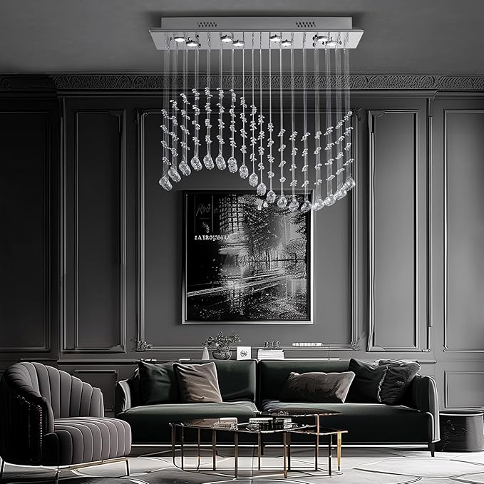 Rectangular Wave Raindrop Chandelier, Flush Mount Crystal Chandelier, Rectangle Pendant Ceiling Light Fixture for Dining Room,Kitchen Island, Living Room, L31.5×W11.8×H32.3