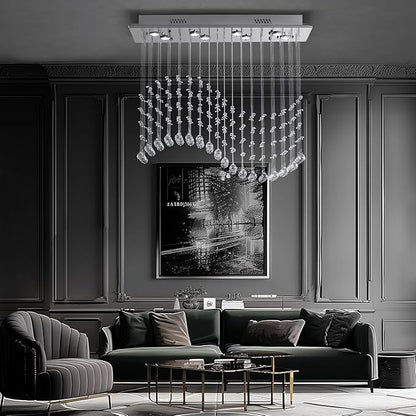 Rectangular Wave Raindrop Chandelier, Flush Mount Crystal Chandelier, Rectangle Pendant Ceiling Light Fixture for Dining Room,Kitchen Island, Living Room, L31.5×W11.8×H32.3