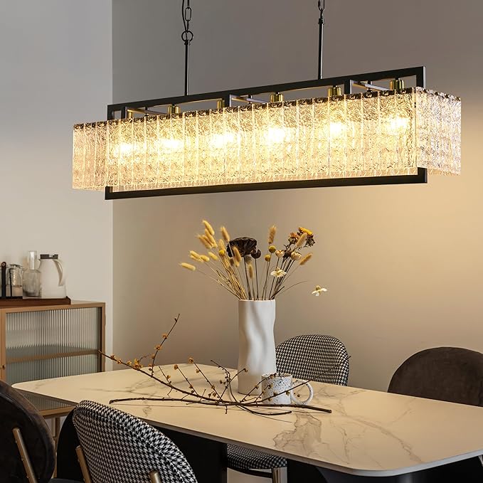 Modern Black Crystal Chandelier for Dining Room, 50" Hanging Light Fixture,Water Ripple Glass Design, Adjustable Height, Rectangle Chandelier for Living Room Kitchen Island