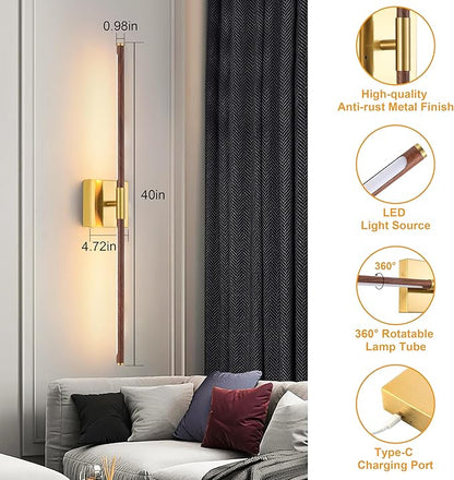 Morauroral Walnut Battery Operated Wall Sconce with Remote Control, Rechargeable Wall Sconces Set of 2, LED Wireless Wall Light, 24″ Modern Sconce Wall Decor for Background Wall, Bedroom, Living Room