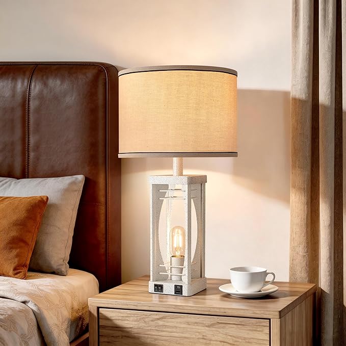 SRJJA Farmhouse Table Lamps Set of 2 for Living Room, Modern Industrial Bedside Lamps with USB A+C Charging Ports, 22.5" Dual Light Nightstand Lamp with Linen Shade for Bedroom End Tables