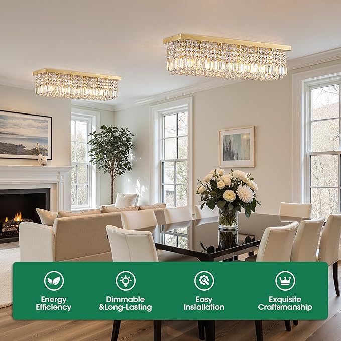 Modern Crystal Chandeliers for Dining Room Light Fixture, 6-Light Gold Rectangle Chandelier Ceiling Light for Kitchen Island Living Room, L31.5 Inch