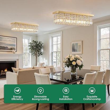 Modern Crystal Chandeliers for Dining Room Light Fixture, 6-Light Gold Rectangle Chandelier Ceiling Light for Kitchen Island Living Room, L31.5 Inch