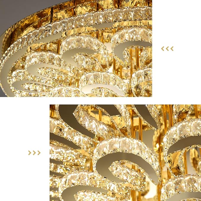 47'' Modern Crystal Chandeliers for Living Room Large Chandelier Ceiling Light Fixture LED Dimmable with Remote Flush Mount Lighting for Dining Room Bedroom Gold
