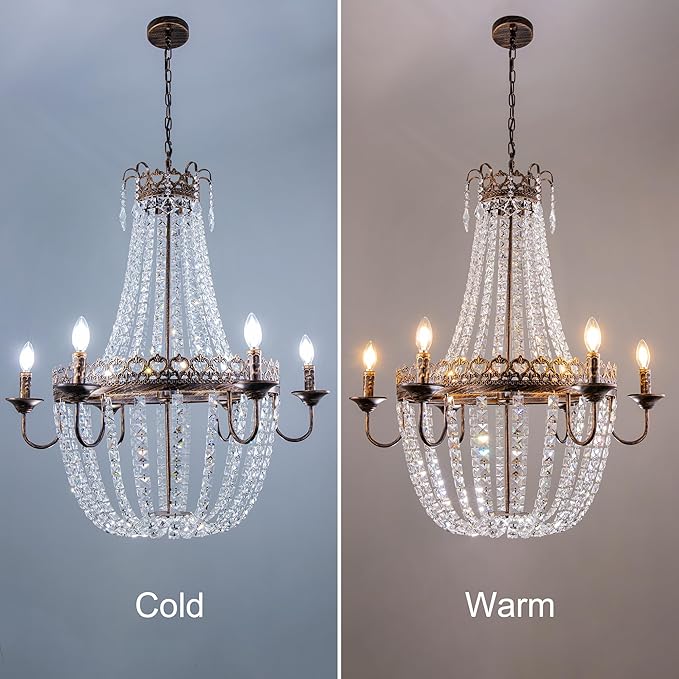 Wellmet French Empire Crystal Chandelier, 6-Light Farmhouse Antique Bronze Chandelier, Hanging Ceiling Mount Light Fixture for Dining Living Room, Bedroom, Bathroom, Kitchen Island, Hallway, 31.5" W