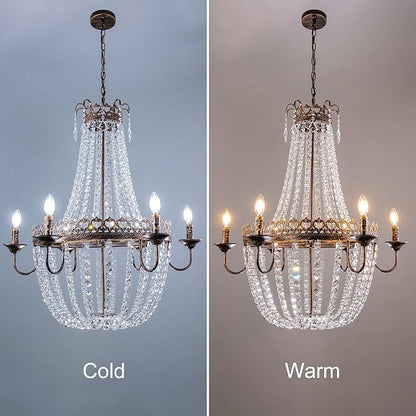 Wellmet French Empire Crystal Chandelier, 6-Light Farmhouse Antique Bronze Chandelier, Hanging Ceiling Mount Light Fixture for Dining Living Room, Bedroom, Bathroom, Kitchen Island, Hallway, 31.5" W