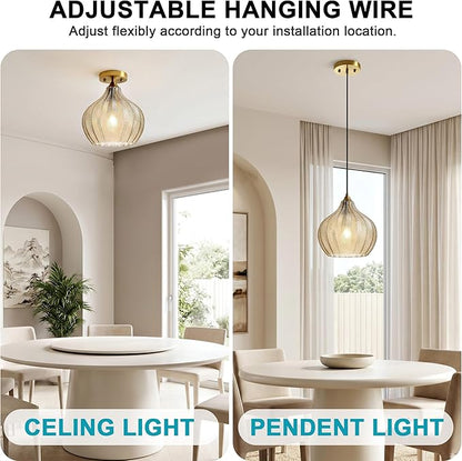 Amber Glass Gold Pendant Light, Farmhouse Kitchen Island Pendant Light Fixture Water Drop Shade, Adjustable Vintage Hanging Ceiling Light for Dining Room Corridor 1 Pack, UL Certification