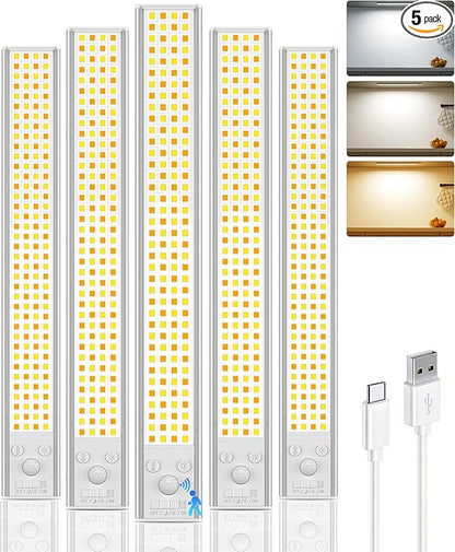 12inch Under Cabinet Lighting Wireless, 152LED Motion Sensor Light Indoor, USB Rechargeable Closet Lights, 3 Color Temps & Dimmable, Stick On Under Counter Lights for Kitchen, Pantry, Stairs, 5 Pack