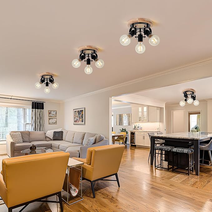 3-Light Round Flush Mount Ceiling Light，Rustic Ceiling Track Lighting with Wooden Base, Adjustable Multi-Directional Kitchen Light fixtures for Dining Room Hallway Entryway Bedroom.