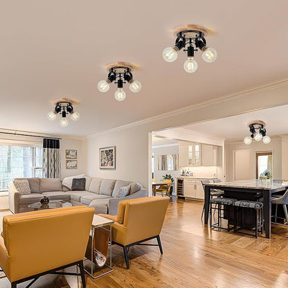 3-Light Round Flush Mount Ceiling Light，Rustic Ceiling Track Lighting with Wooden Base, Adjustable Multi-Directional Kitchen Light fixtures for Dining Room Hallway Entryway Bedroom.