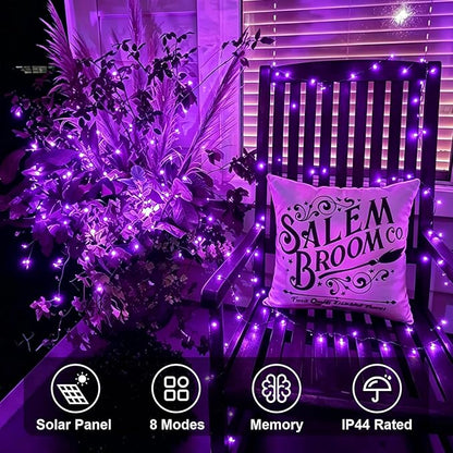 QITONG Solar Fairy Lights Outdoor Waterproof, 2 Pack Each 66ft 200 LED Purple Christmas String Lights, Silver Wire Twinkle Mini Lights with 8 Modes