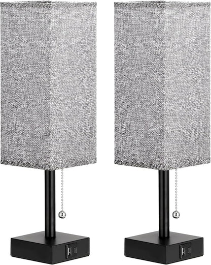 aooshine Bedside Table Lamps Set of 2 - Gray Bedroom Lamps with 3 Color Temperatures (3000K/5000K/4000K), Square Nightstand Light with USB C + A Charging Ports, Pull Chain Small Night Light