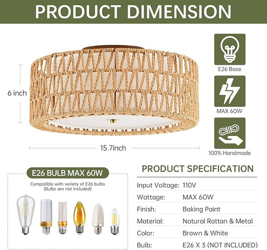 Boho Rattan Ceiling Light 15.7" Flush Mount Ceiling Light 3-Light Rattan Light Fixture, Bohemian Semi Flush Mount Ceiling Light Bedroom Ceiling Light for Dining Room Hallway Entryway Foyer