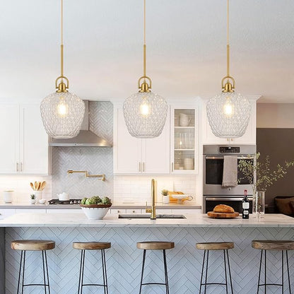 Brushed Gold Pendant Lights Kitchen Island, 10" Large Glass Pendant Light with Hammered Glass, Modern Hanging Lighting Fixtures for Kitchen Island Dining Room Entryway Foyer